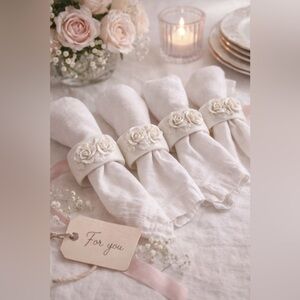 Vintage Genuine Bone China Rose Napkin Rings Set of 4 White Floral Taiwan